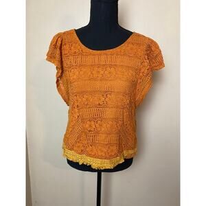 JOA Anthropologie gold brown boho lace overlay fringe hem blouse medium shirt